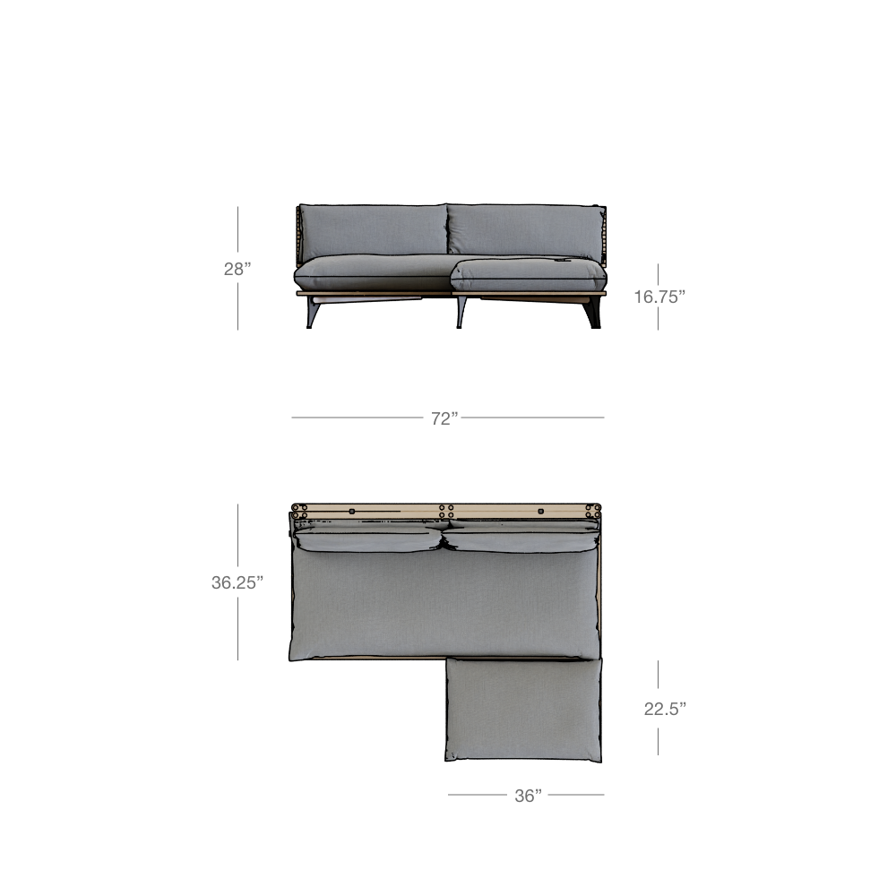 Dimensions of sofa table with ottoman viewed from the top.