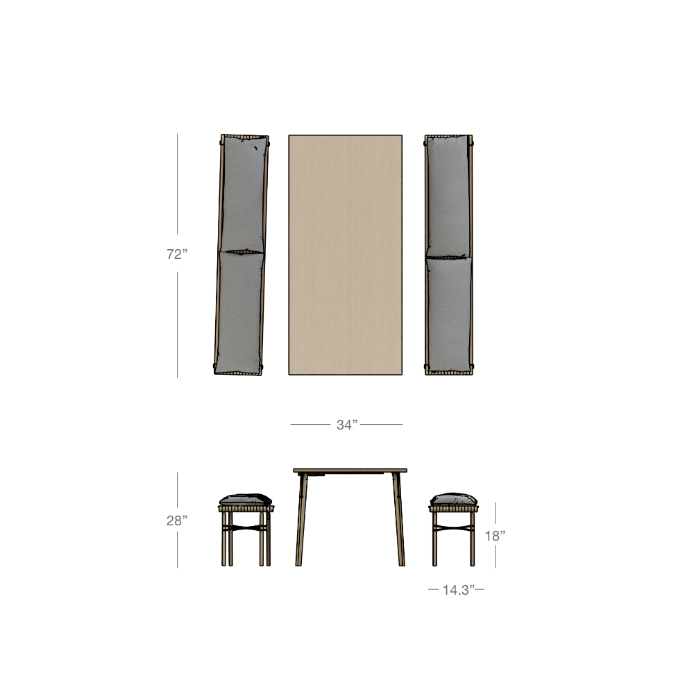 Dimensions of the sofa table in dining table mode viwed from the top and side.