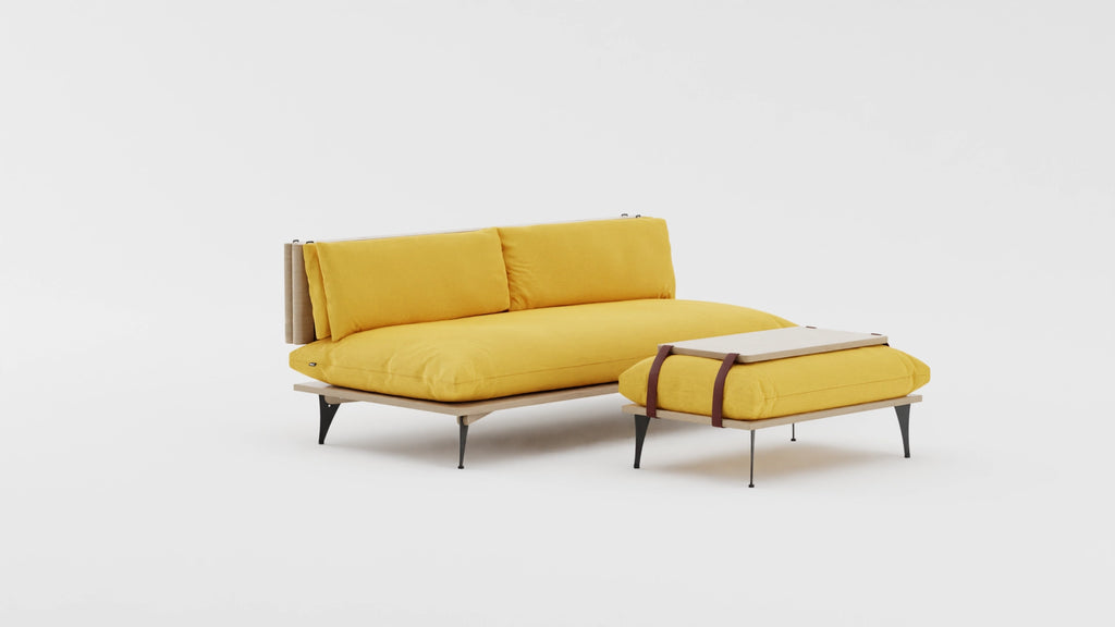 Five in one transformable sectional sofa with ottoman transformed in coffee table. Sofa color is yellow mustard. VIew at an angle. Coffee table with leather straps.