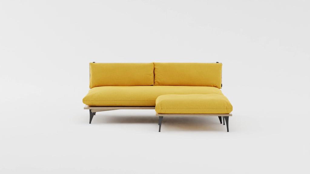 Five in one transformable sectional sofa with ottoman in yellow. VIew from the front.