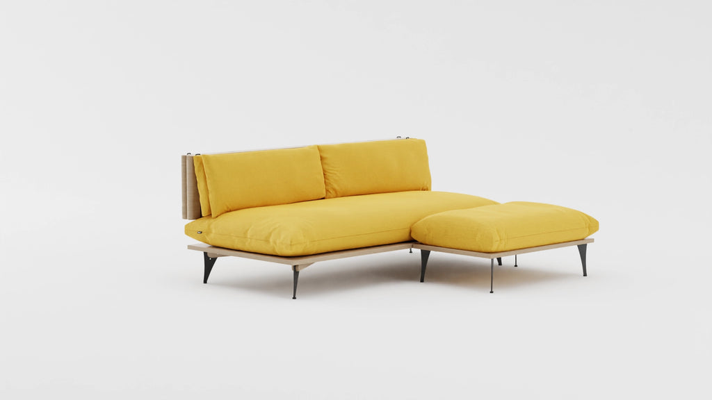 Five in one transformable sectional sofa with ottoman in yellow. VIew at an angle.