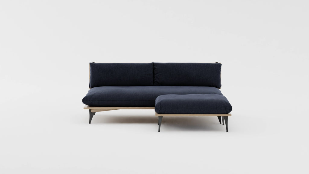 Five in one transformable sectional sofa with ottoman in deep dark blue. VIew from the front.
