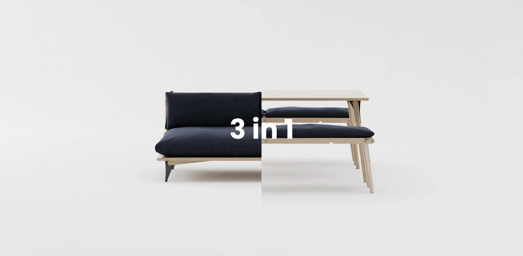 3 in 1 - Space saving furniture - Transformable sofa and daybed. Sofa for small space. Transformable sofa in deep dark blue. Modern scandinavian sofa for small space.