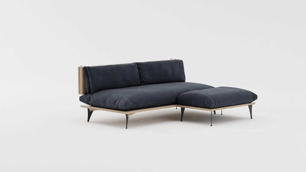 Five in one transformable sectional sofa with ottoman in charcoal color. VIew at an angle.