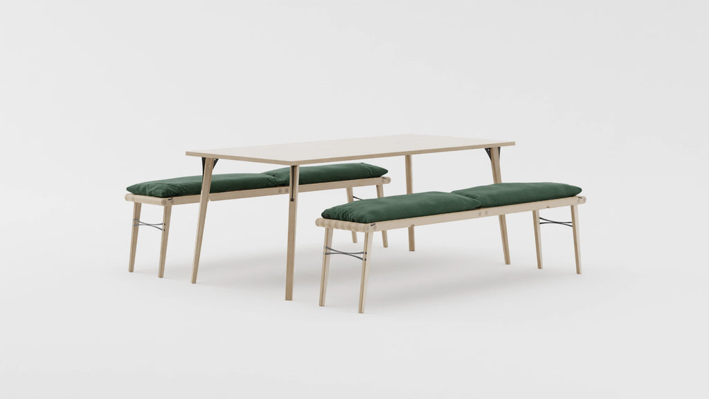 Space saving furniture - Transformable dining table and sectional. Sofa for small space. Transformable dining table set in Royal Forest green color. Modern scandinavian table set for small space. View at an angle.