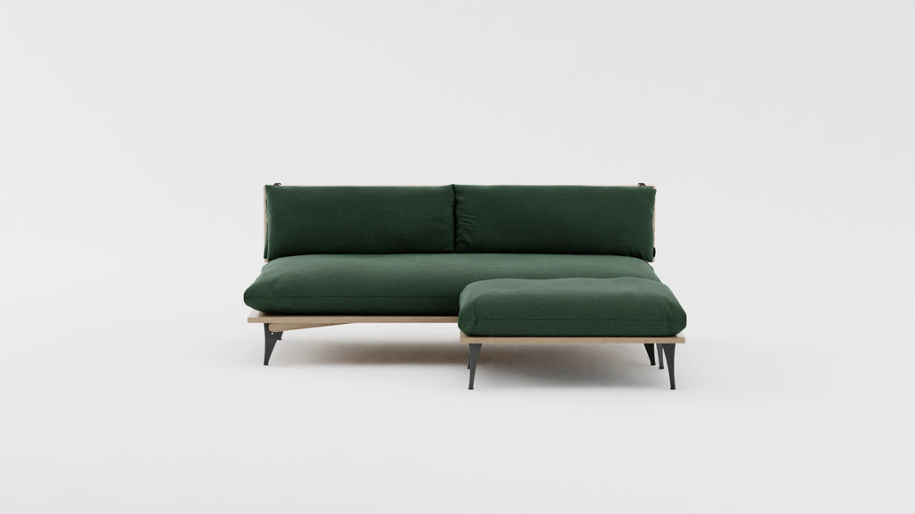Five in one transformable sectional sofa with ottoman in forest royal green. VIew from the front.