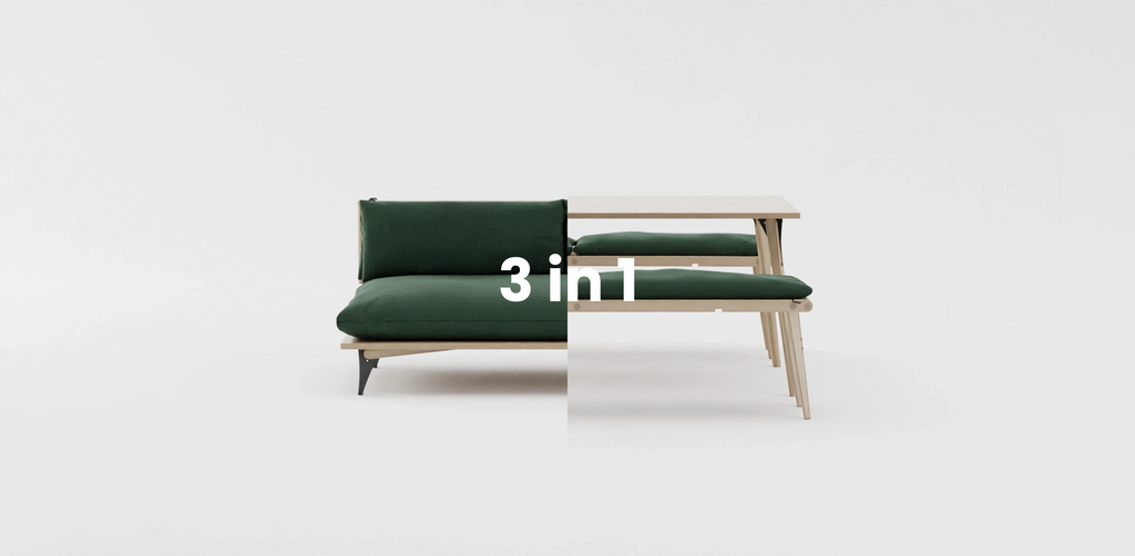 3 in 1 - Space saving furniture - Transformable sofa and daybed. Sofa for small space. Transformable sofa in forest royal green color. Modern scandinavian sofa for small space.