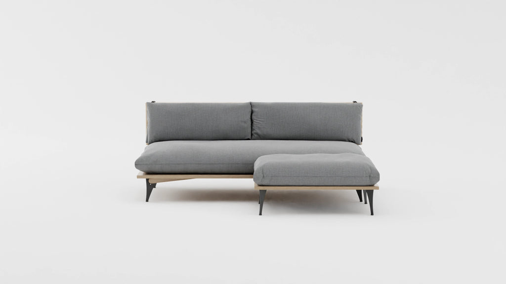 Five in one transformable sectional sofa with ottoman inlight grey. VIew from the front.