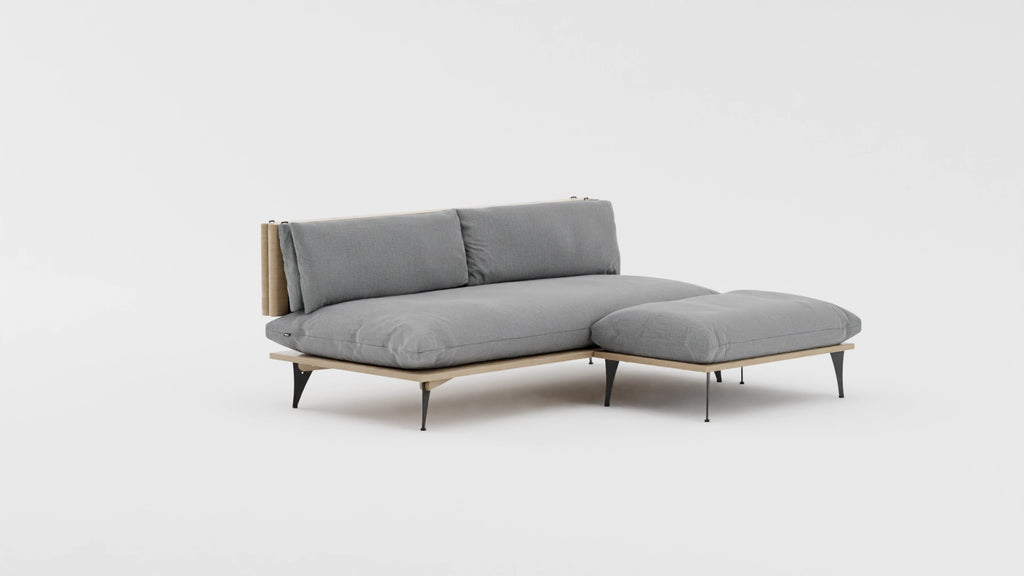 Five in one transformable sectional sofa with ottoman in light grey color. VIew at an angle.