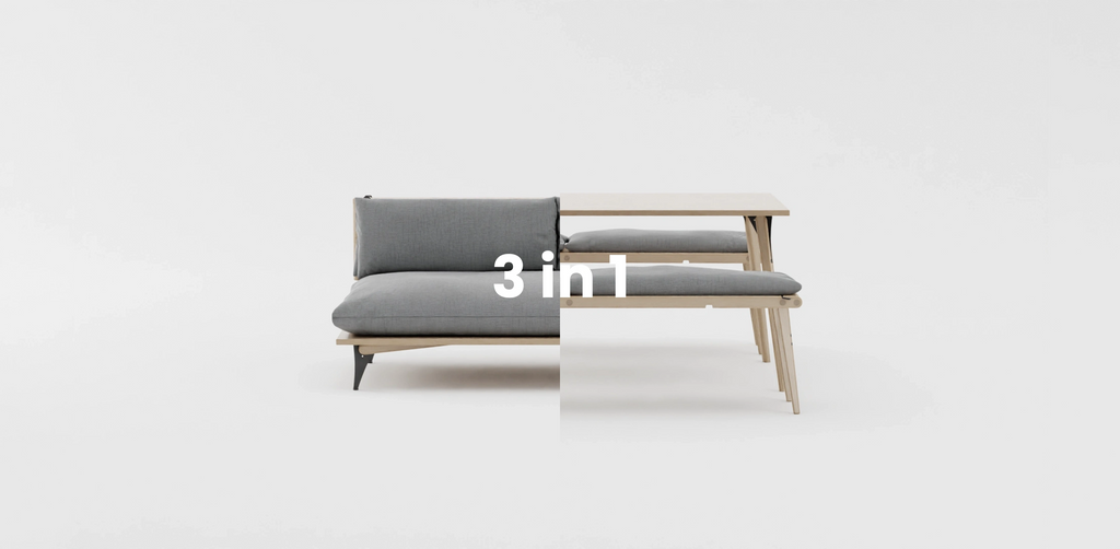 3 in 1 - Space saving furniture - Transformable sofa and daybed. Sofa for small space. Transformable sofa in light grey color. Modern scandinavian sofa for small space.