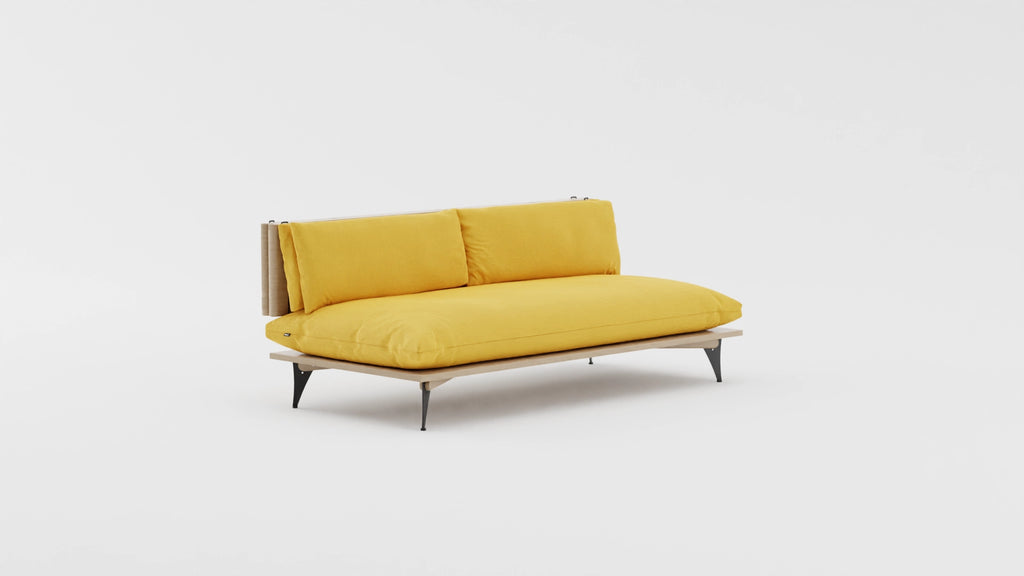 Space saving furniture - Transformable sofa and daybed. Sofa for small space. Transformable sofa in yellow. Modern scandinavian sofa for small space. View at an angle.