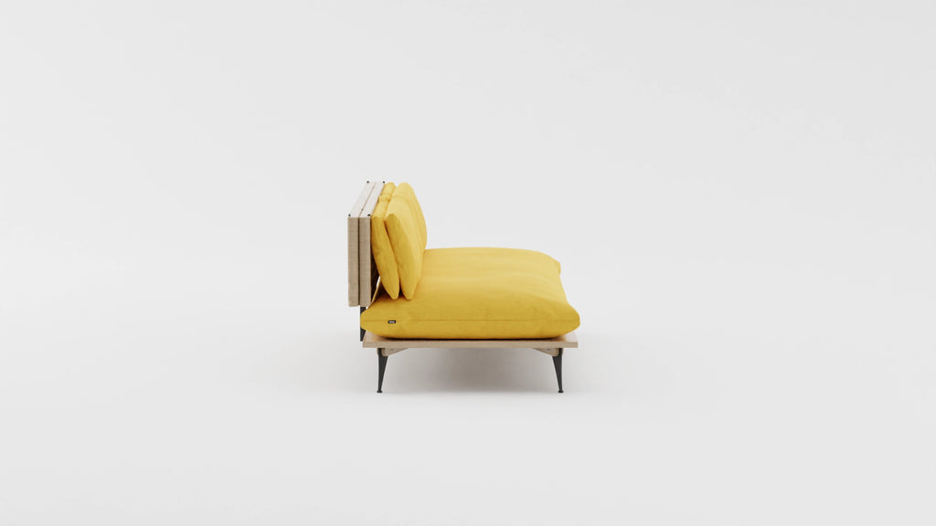 Space saving furniture - Transformable sofa and daybed. Sofa for small space. Transformable sofa in yellow. Modern scandinavian sofa for small space. View from the side.