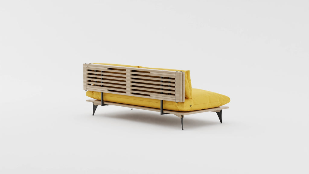 Space saving furniture - Transformable sofa and daybed. Sofa for small space. Transformable sofa in yellow. Modern scandinavian sofa for small space. View from the back-angle.