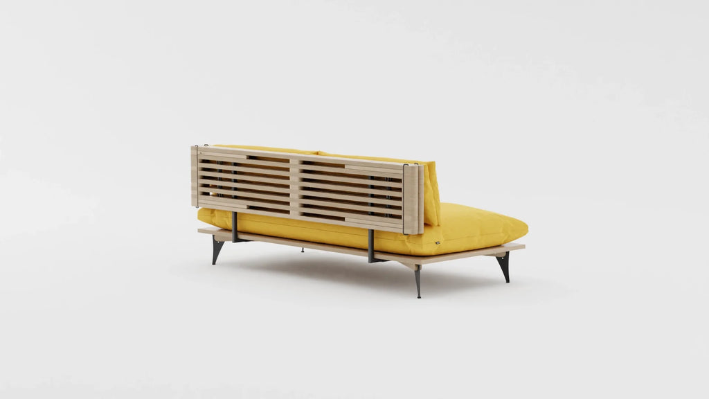 Five in one transformable sectional sofa view from the back at an angle. Yellow transformable sofa for small spaces.