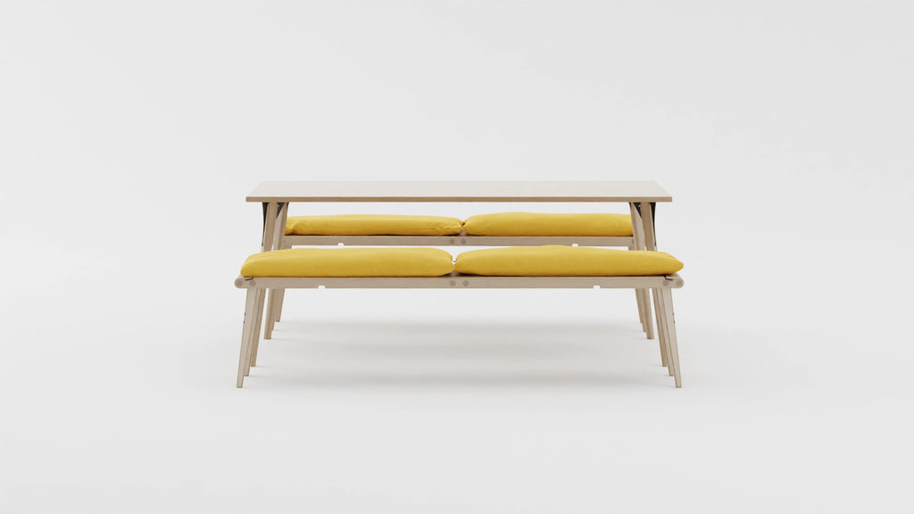 Space saving furniture - Transformable dining table and sectional. Sofa for small space. Transformable dining table set in yellow. Modern scandinavian table set for small space.