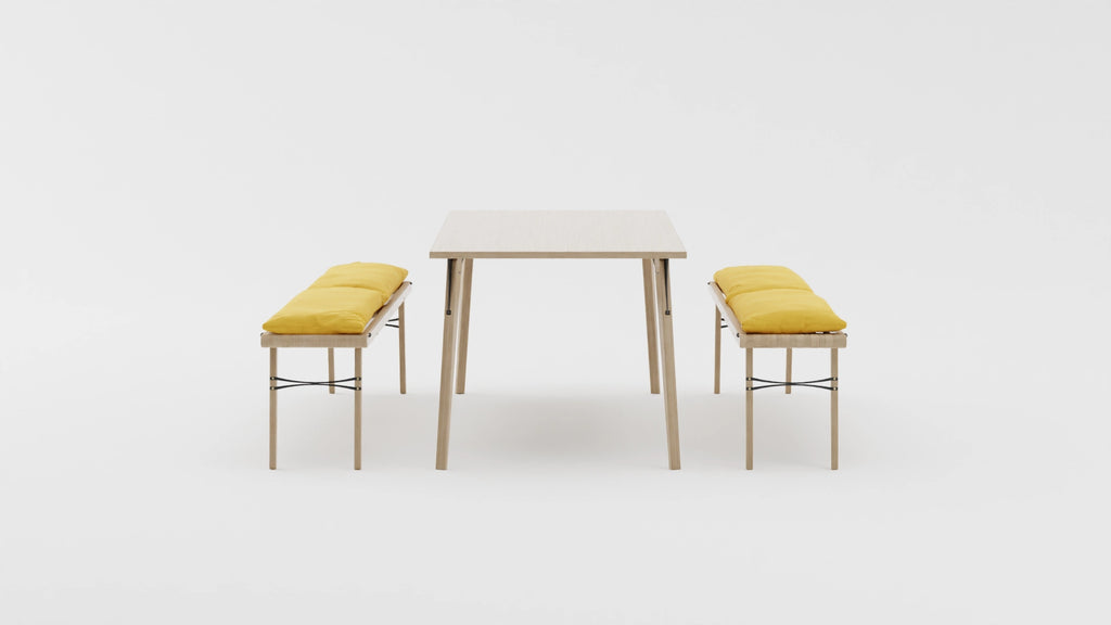 Space saving furniture - Transformable dining table and sectional. Sofa for small space. Transformable dining table set in yellow. Modern scandinavian table set for small space. View from the side.